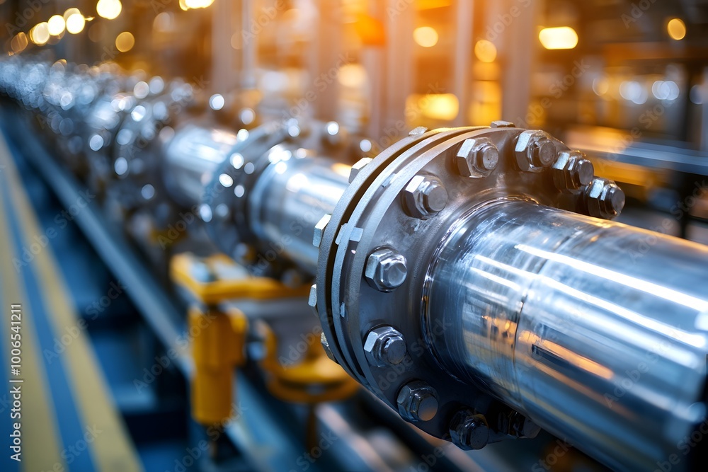 Poster close up detailed view of the intricate machinery equipment and pipelines used in the gas extraction