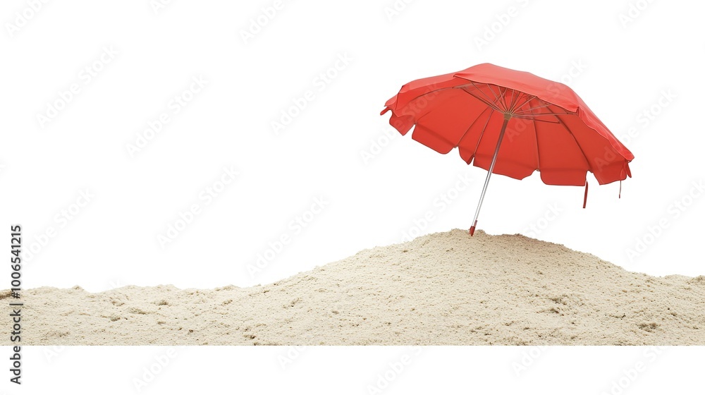 Poster Parasol Stuck in Sand on Beach, Isolated on White Background 