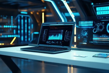 Modern Data Center with Sleek Laptop Displaying Graphs