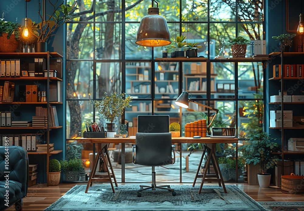 Poster a modern office space with a large window and a desk with a computer and a chair