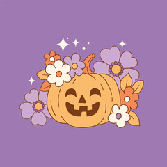 Hand drawn vector Halloween pumpkin with flowers. Cute retro Halloween character. EPS 10 vector file. Perfect for tee shirt logo, greeting card, poster or nursery print design.