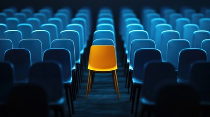 Fototapeta premium A dark yellow chair highlighted in a crowd, symbolizing uniqueness and creativity in a business context..