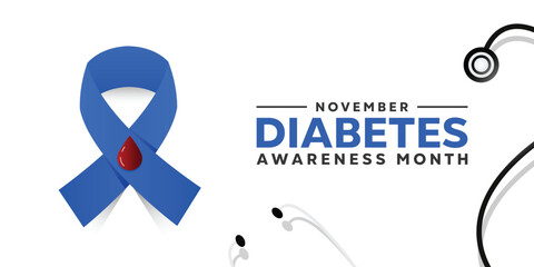 Diabetes Awareness Month. Ribbon, blood and stethoscope. Great for cards, banners, posters, social media and more. White background.