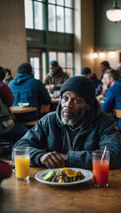 A homeless man, surrounded by others, finds a moment of peace and nourishment in a community dining hall.