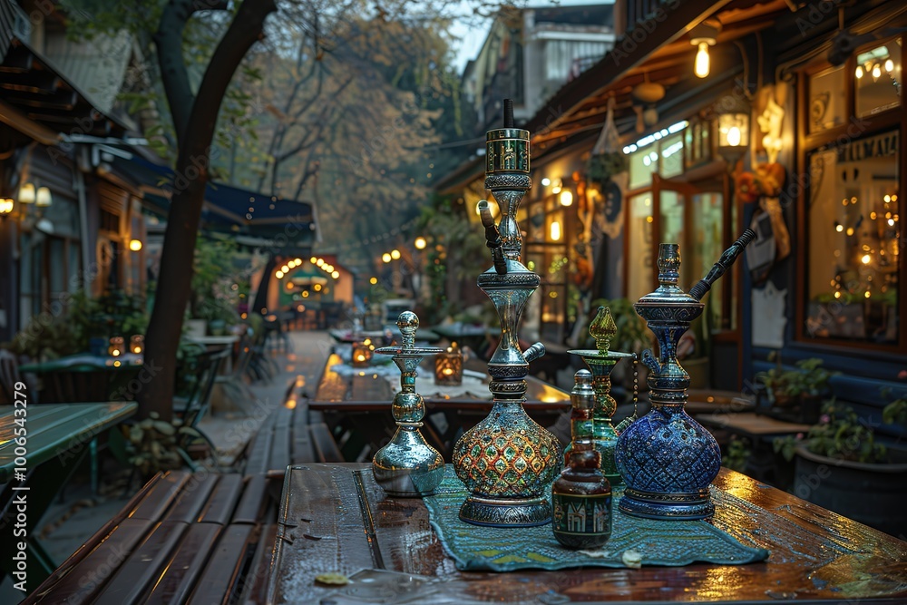 Poster a group of colorful vases are on a table in front of a building