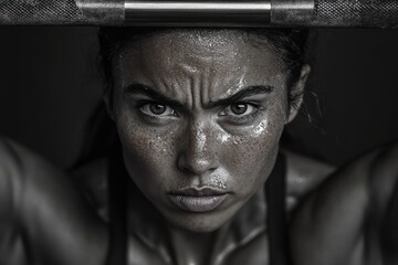 A female athlete in a gym setting shows determination and strength under dramatic lighting, highlighting the intensity and dedication to physical fitness and training.