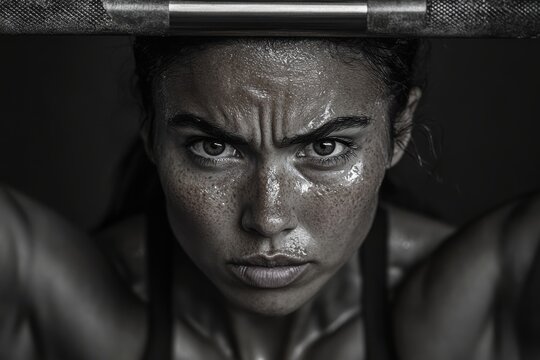 A female athlete in a gym setting shows determination and strength under dramatic lighting, highlighting the intensity and dedication to physical fitness and training.