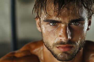 Fototapeta premium A detailed close-up of an athlete with an intent gaze, his face wet with sweat, showcasing the essence of determination and resilience in his athletic pursuit.