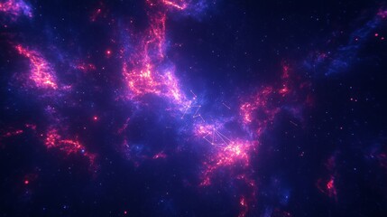Abstract cosmic nebula with pink and blue glowing clouds in a dark space background.