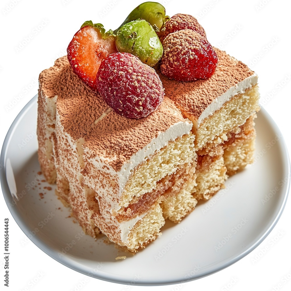 Poster Homemade chiffon or sponge cake on white plate on white isolated background with clipping paths. Homemade bakery concept to present foam type cake so soft and lite good smell and delicious.  