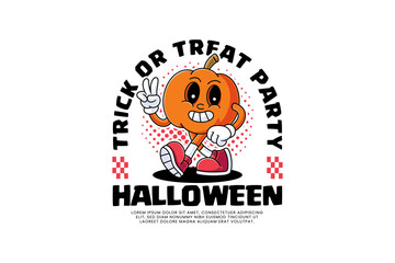 funny pumpkin, calabash, cucurbit retro cartoon character mascot illustration with walking pose and hand peace sign for halloween party event mascot and merchandise