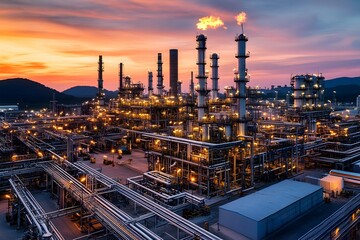 Aerial Panoramic View of a Sprawling Petroleum Refinery Complex at Dusk with a Vibrant Sunset Sky and Glowing Illumination from the Manufacturing Facility