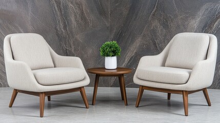 Fototapeta premium A cozy living area showcases two gray armchairs and a round wooden coffee table, surrounded by a minimalist aesthetic that emphasizes comfort and simplicity