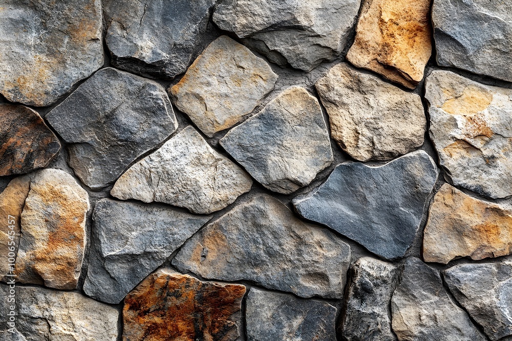 Poster close up detailed textured stone tile surface with varied shades of grey and brown hues on a solid c