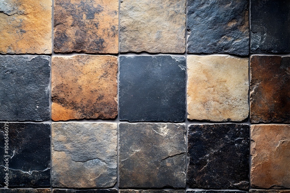 Poster overhead flatlay top view of a solid color background with a detailed textured stone tile surface in