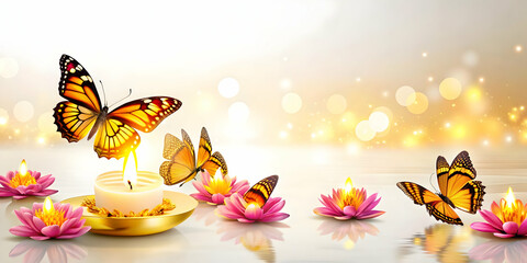 Flat Loy Krathong with Glowing Butterflies on a Glossy River - Festive Celebration Concept in Simple Vector Design with Copy Space for Messages