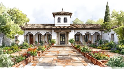 Fototapeta premium A picturesque building surrounded by vibrant gardens.