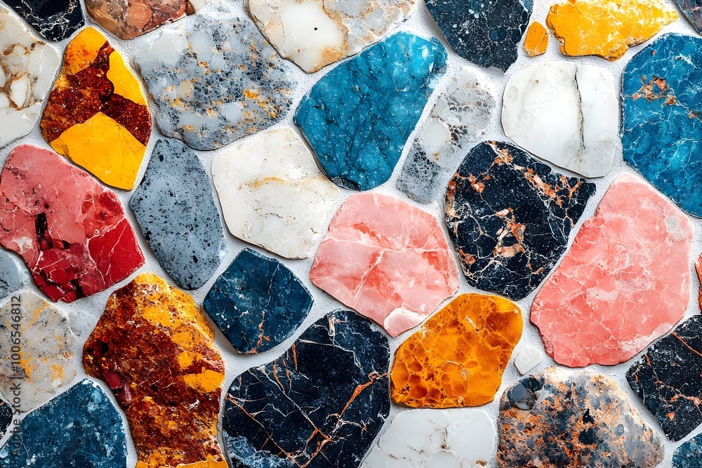 Poster pastel terrazzo geometric pattern with intricate realism and maximalist details showcasing a vibrant