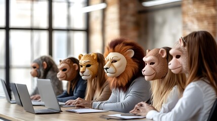 Team meeting with animal masks in a modern, stylish office setting.