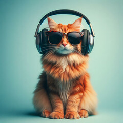 Cool ginger cat wearing headphones and sunglasses, posing against a clean background