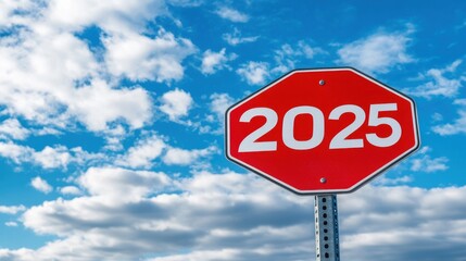 A red road sign with the numbers "2025" written on it, pointing in one direction against a blue sky with a cloudy background.