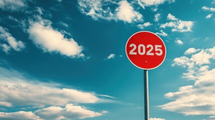 A red road sign with the numbers "2025" written on it, pointing in one direction against a blue sky with a cloudy background.