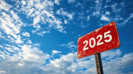 A red road sign with the numbers "2025" written on it, pointing in one direction against a blue sky with a cloudy background.