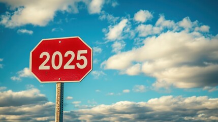A red road sign with the numbers "2025" written on it, pointing in one direction against a blue sky with a cloudy background.