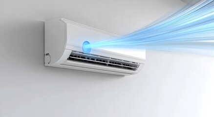 A air conditioner is blowing out blue waves of fresh, cool breeze in the living room, creating an atmosphere full of freshness and comfort.