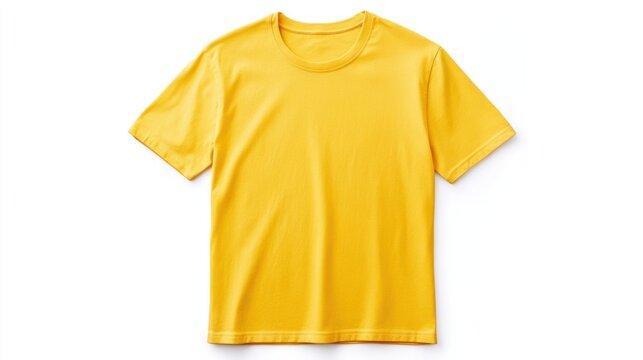 A vibrant yellow men t-shirt displayed flat on a white background, promoting cheerful and lively summer fashion