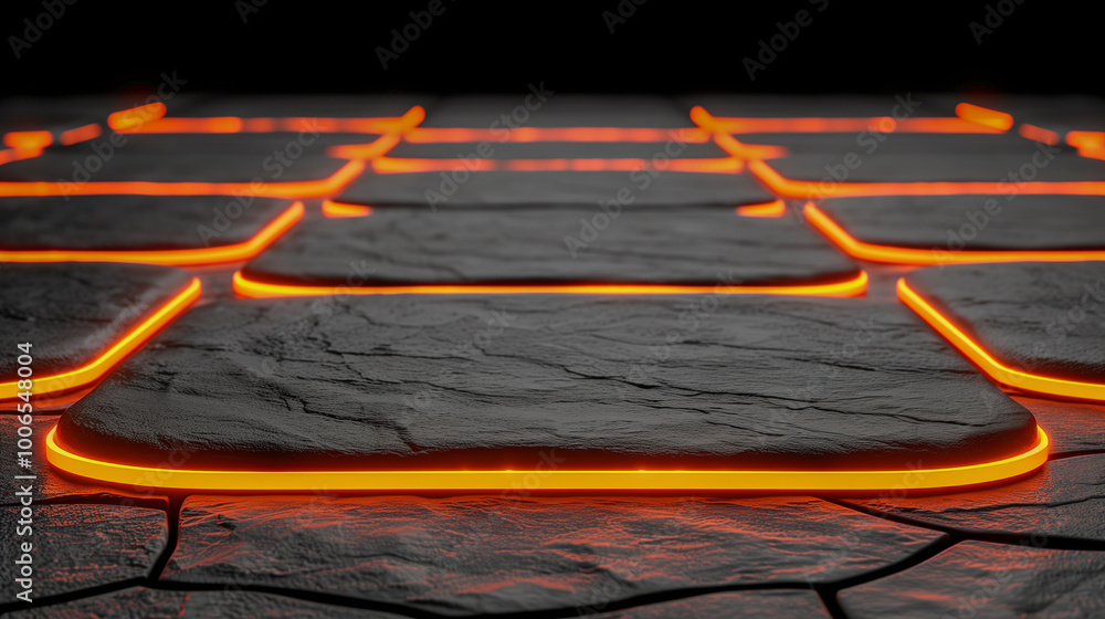 Poster glowing futuristic tiles with orange neon edges on dark surface..