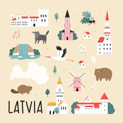 Decorative poster with hand drawn landmarks, symbols of Latvia