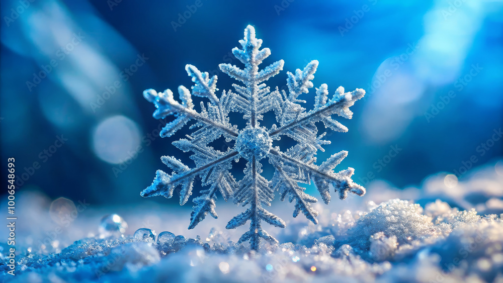 Poster a delicate snowflake is perched on a sparkling layer of snow, surrounded by a tranquil winter atmosp