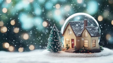 Snow globe with winter landscape, decorated Christmas tree, and cozy home. Magical holiday feel.