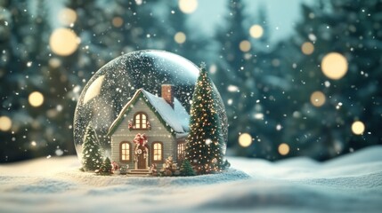 Snow globe with winter scene, Christmas tree, and cozy house. Magical festive atmosphere.