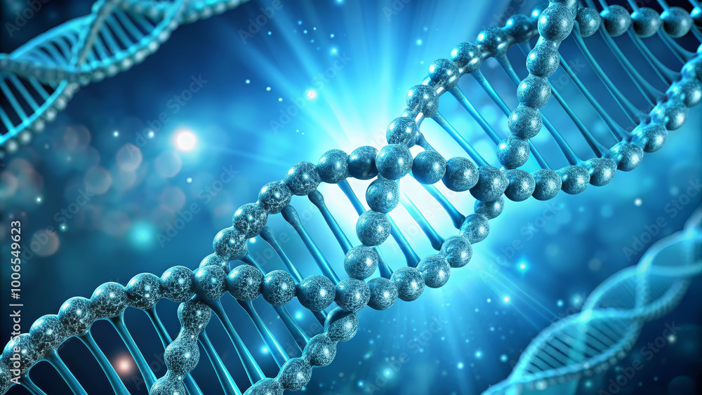 Poster the intricate structure of a blue dna double helix is displayed prominently, surrounded by sparkling