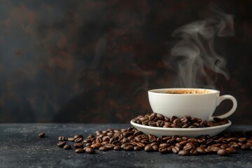 Fototapeta premium Steaming Black Coffee Cup with Roasted Beans on Rustic Wooden Table