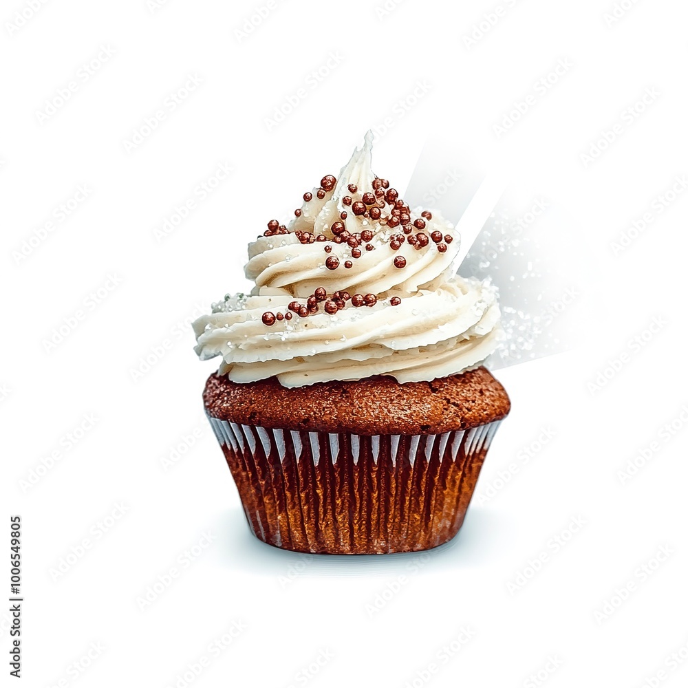 Poster chocolate cupcake muffin with cream frosting sprinkles on white background. template for product pre