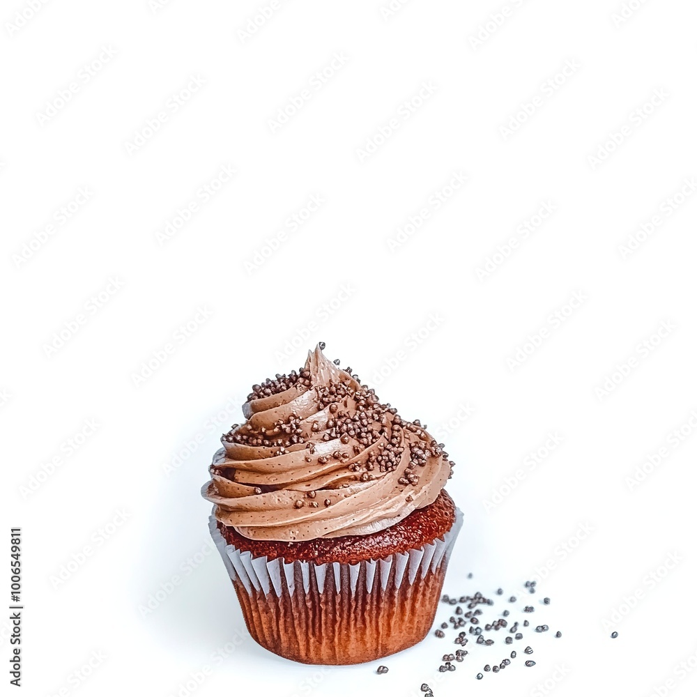 Poster chocolate cupcake muffin with cream frosting sprinkles on white background. template for product pre