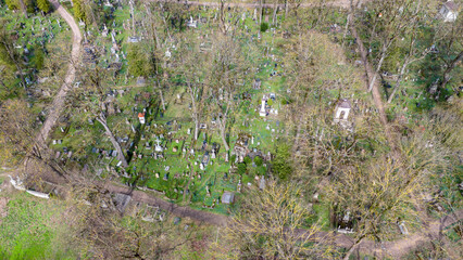 Aerial View of a Tranquil Cemetery with blue flowers
