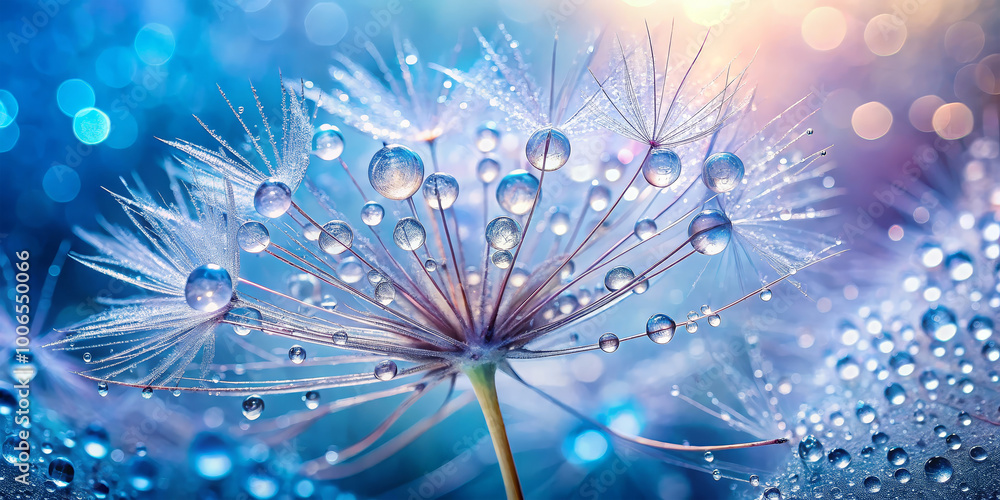 Poster delicate dandelion seeds adorned with sparkling dew drops catch the light, creating a mesmerizing di