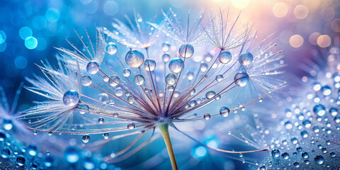 Obraz premium Delicate dandelion seeds adorned with sparkling dew drops catch the light, creating a mesmerizing display of nature's intricate design in a colorful background