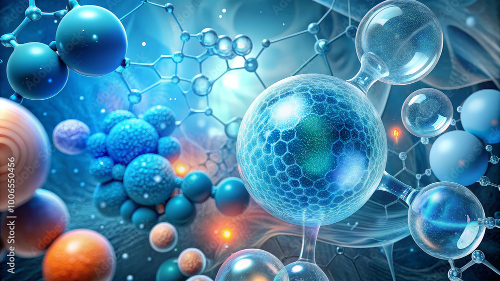 Poster colorful spheres and interconnected shapes float in a vivid background, representing complex molecul