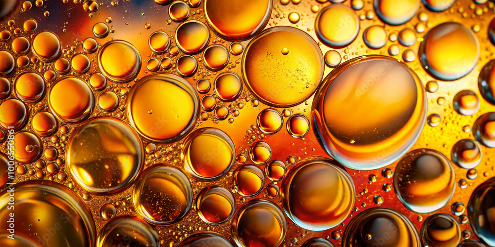 Poster the composition highlights a multitude of golden orange bubbles suspended in a liquid, reflecting li