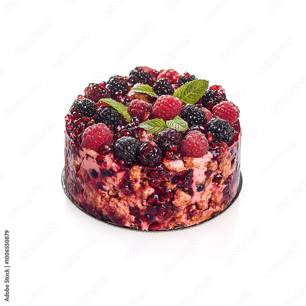 Wall mural cake covered with berries of raspberry strawberry pomegranate mint leaves doused with chocolate on an isolated white background 