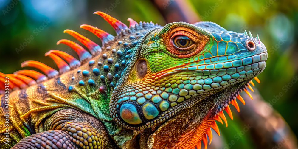 Poster this close view showcases a brilliantly colored lizard with intricate patterns on its skin, soaking 