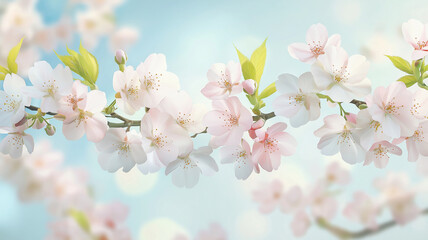 Fototapeta premium vector illustration of blooming cherry blossom branches, with soft pink flowers and delicate green leaves,