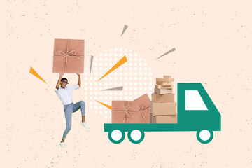 Composite artwork collage image picture of girl hold giftbox courier auto isolated on creative background