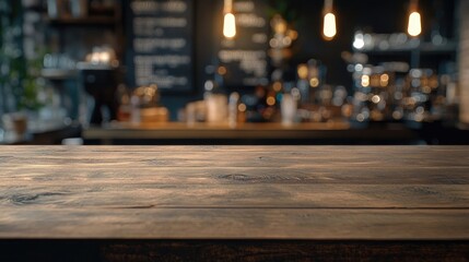 Fototapeta premium Brown wooden table with a bokeh background of a coffee shop, ideal for photomontages or product presentations