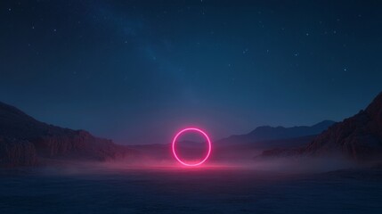 A vibrant pink archway shines brightly amidst the sandy desert, flanked by rocky dunes and a star-filled sky, evoking a dreamlike, futuristic vibe